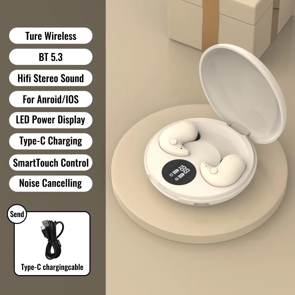 Bluetooth 5.3 Earphones Invisible Sleep Earbuds Wireless In-Ear Headphones Hifi Stereo Noise Reduction Hedsets for Huawei