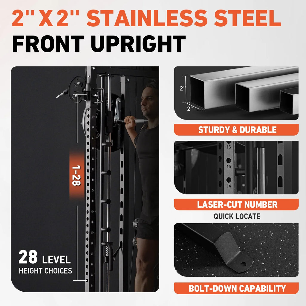 Smith Machine, All-In-One Power Rack Cage with Vertical Leg Press, 2000LBS Power Cage Squat Rack with Smith Bar, Dual Pulley Cable Crossover System for Home Gym