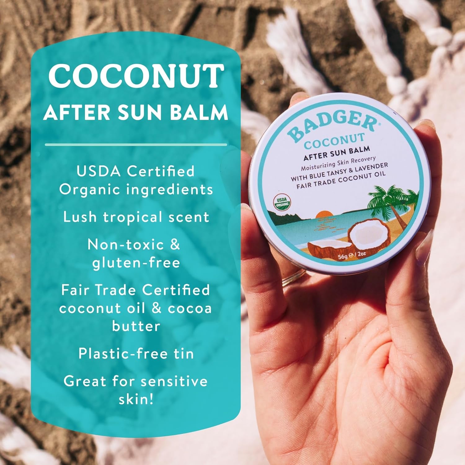 Organic Coconut Aftersun Balm, Cooling & Moisturizing, 2 Oz Tin